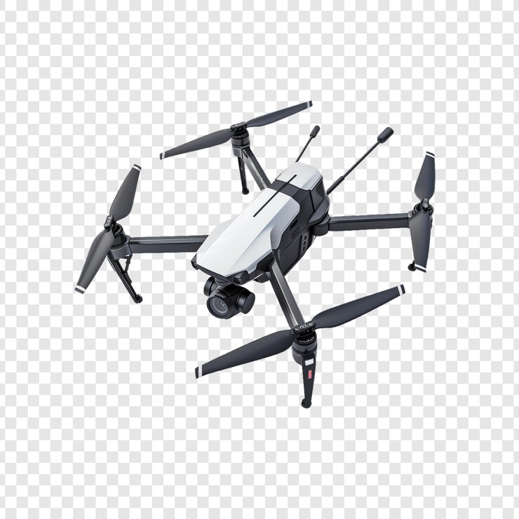 PSD un dron con una nariz blanca vuela sobre un fondo transparente