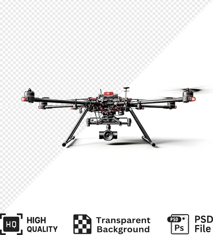 PSD un dron negro y rojo con cuatro hélices aisladas sobre un fondo blanco