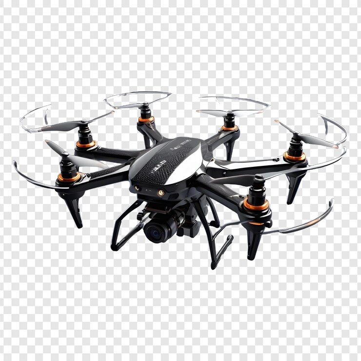 PSD un dron volando aislado sobre un fondo transparente