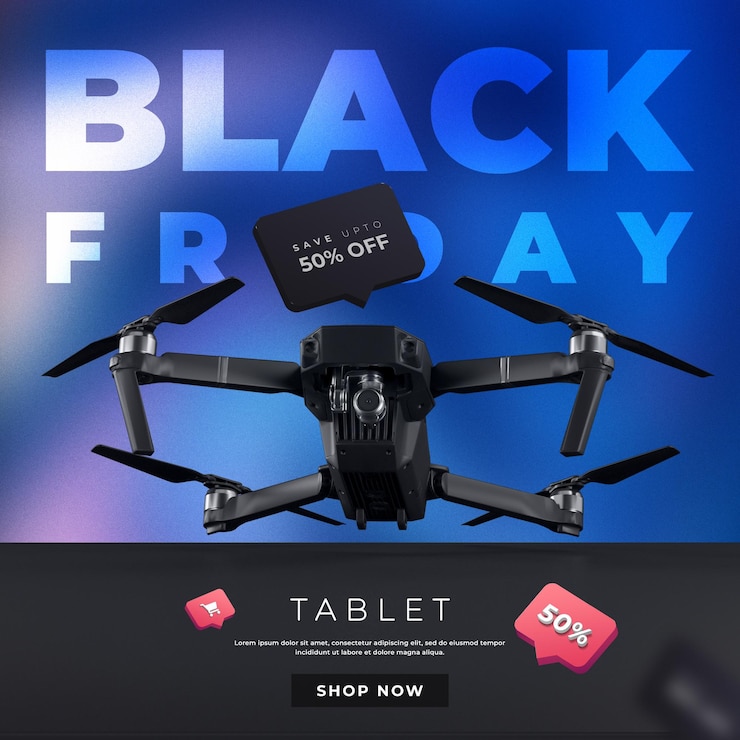 PSD drone con banner de venta de viernes negro de fondo oscuro