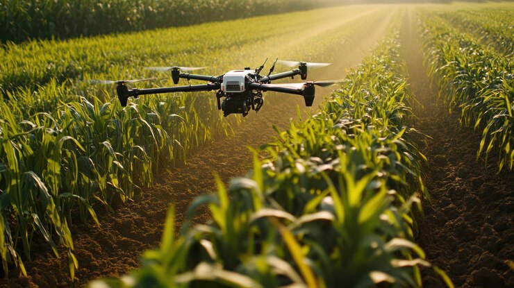 PSD drone che spruzza le colture in un campo di mais all'alba