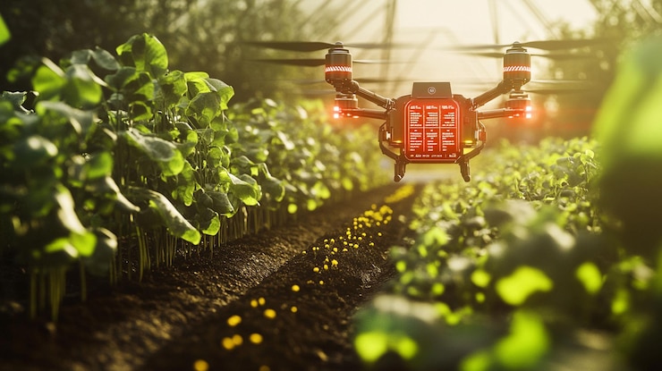 PSD drone che spruzzano le colture in un campo al tramonto