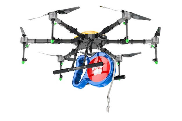 Drone de entrega com renderização 3D de corda de tração isolada em fundo transparente