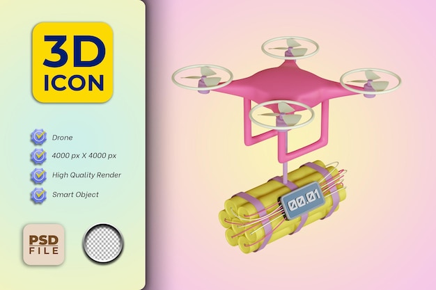PSD drone de ilustração 3d com dinamite de bomba-relógio