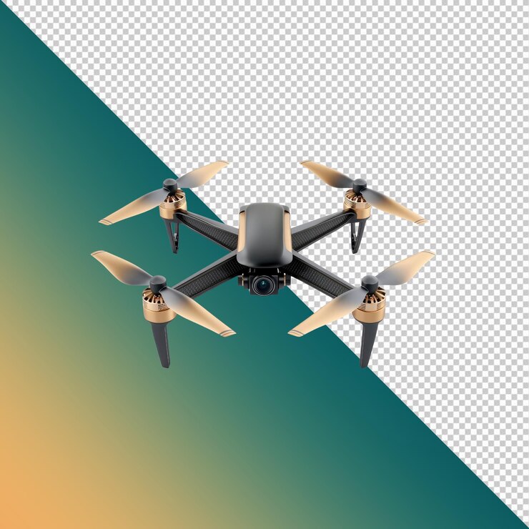 PSD drone elegante negro y dorado con tecnología de fotografía aérea de cámara