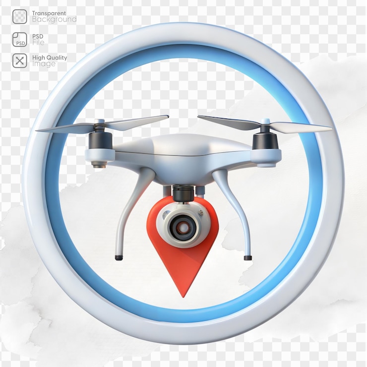 PSD drone futurista con símbolo de navegación en un marco circular