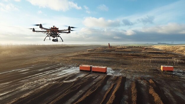 Drone inspeccionando un sitio de extracción de turberas al amanecer