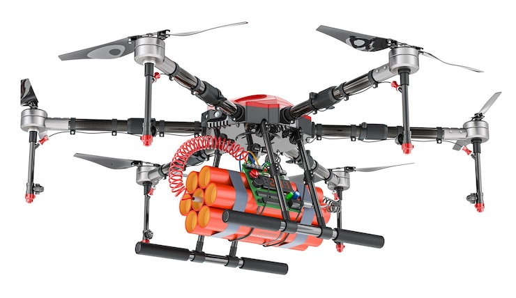 PSD drone militar con bomba tnt explosivo renderizado en 3d aislado en un fondo transparente