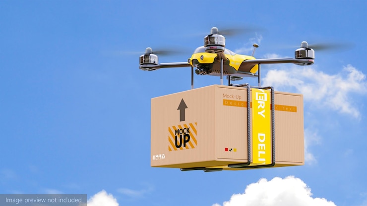 PSD drone paquete de entrega de color amarillo mockup
