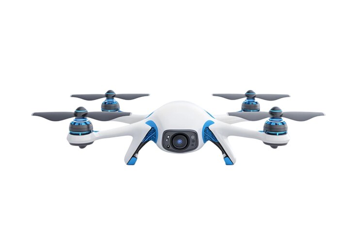 PSD drone quadcopter blanco y azul con cámara aislada sobre fondo blanco