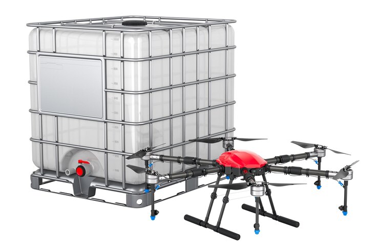 PSD drone con representación 3d de contenedor de graneles intermedios aislado sobre un fondo transparente