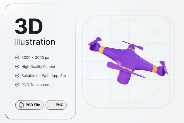 PSD drone roxo de renderização 3d com conceito de quatro hélices ícone moderno design de ilustrações