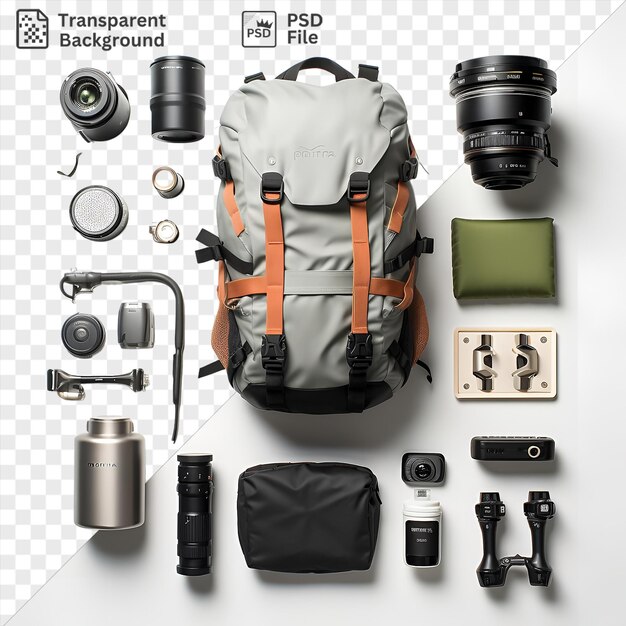 PSD drone unique construit sur mesure et accessoires installés sur un fond transparent avec une caméra noire sac à dos noir et gris sangle orange et caméra argentée