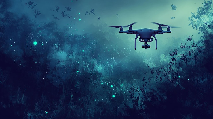 PSD drone volando sobre un bosque místico por la noche capturando luces bioluminescentes
