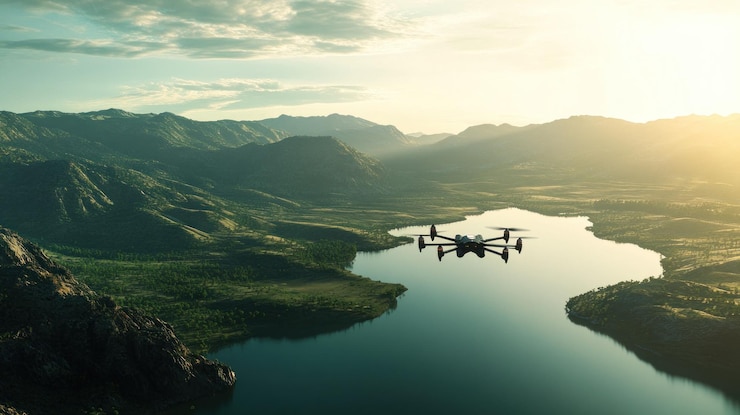 PSD drone volando sobre un lago sereno y una cordillera al atardecer