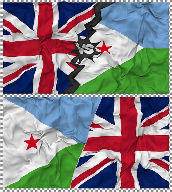 Dschibuti gegen Großbritannien Halbkombinierte Flagge Stoff-Bump-Textur 3D-Rendering