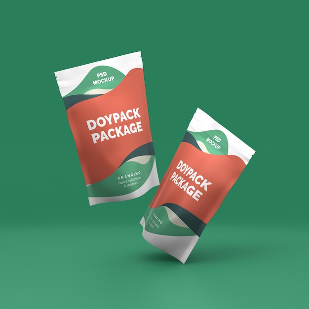 Dua produk doypack berwarna-warni, kantong foil mengambang. Tampilan depan.