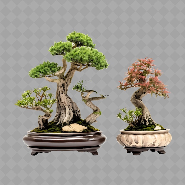 PSD duas árvores de bonsai são mostradas na frente de um fundo cinzento