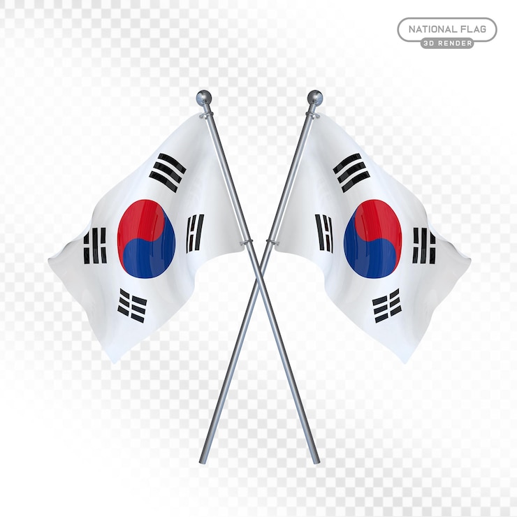 PSD duas bandeiras cruzadas da coreia do sul uma renderização realista em 3d