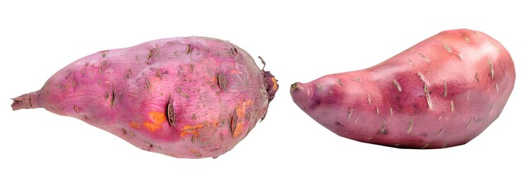 PSD duas batatas doces, uma com uma cauda mais pronunciada, deitam-se sobre um fundo branco, mostrando sua pele roxa vibrante e imperfeições naturais.