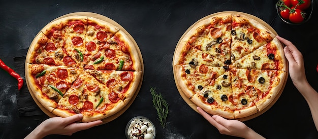 Duas deliciosas pizzas de pepperoni e cogumelos.