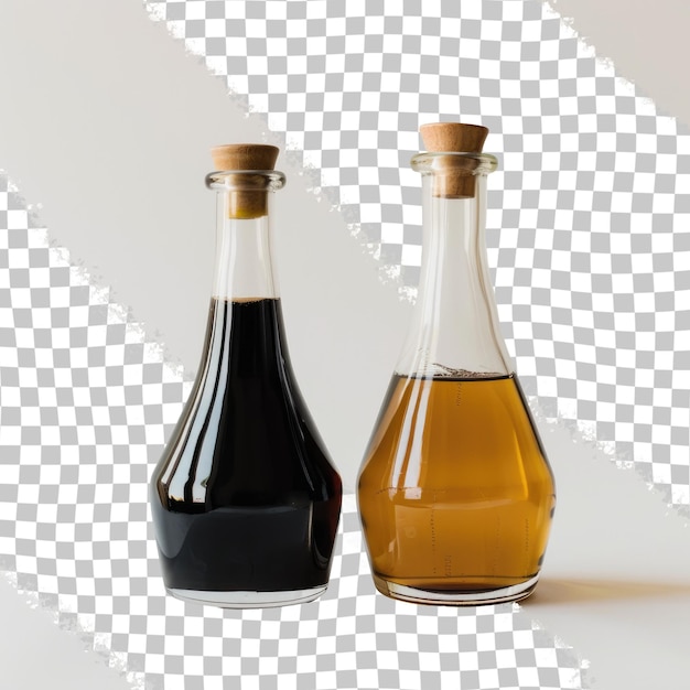 PSD duas garrafas de álcool estão em uma mesa uma das quais é preta e a outra é uma garrafa de óleo de oliva