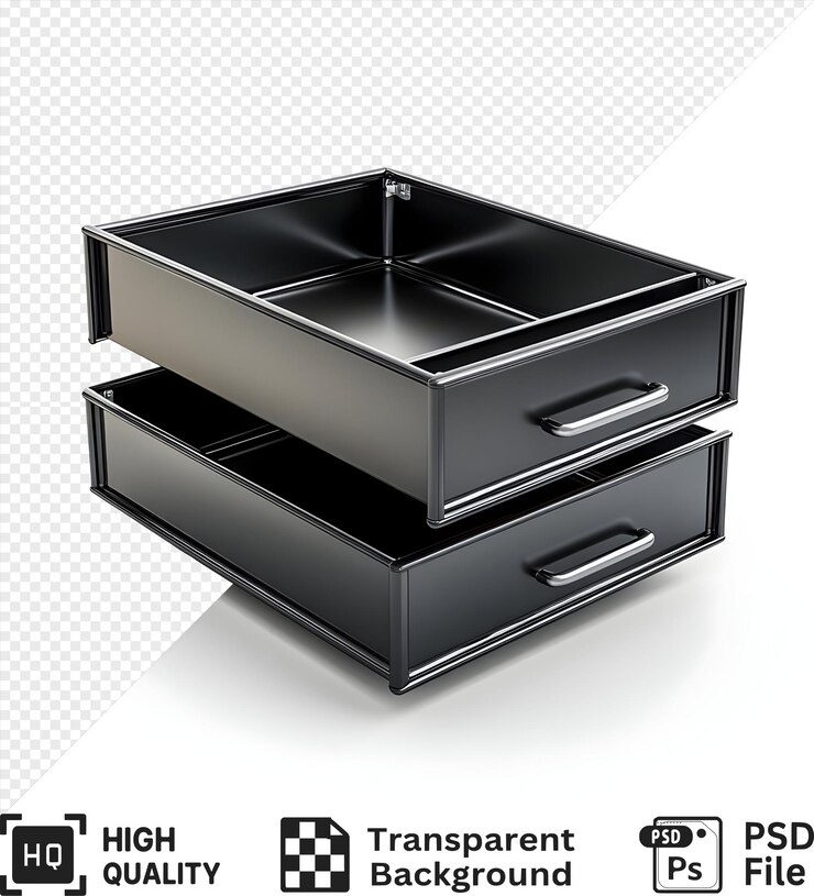 PSD duas gavetas de metal preto com alças abertas e empilhadas isoladas em um fundo transparente