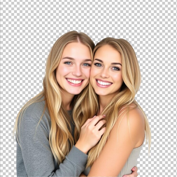 PSD duas jovens loiras bonitas sorrindo e se abraçando contra um fundo branco
