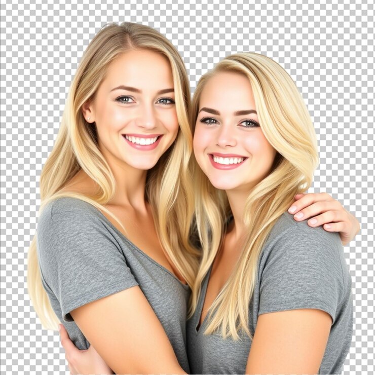 PSD duas jovens loiras bonitas sorrindo e se abraçando contra um fundo branco