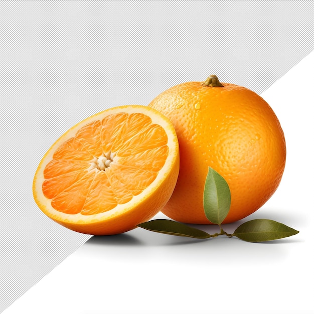 duas laranjas frescas e fatias de laranja com folhas verdes sobre fundo branco