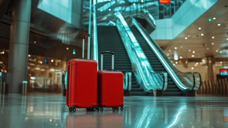 PSD duas malas vermelhas sentadas em um chão brilhante na frente de uma escada rolante em um terminal de aeroporto moderno