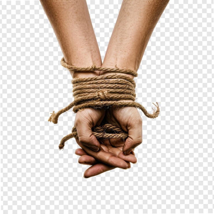 PSD duas mãos amarradas com uma corda isolada em fundo transparente