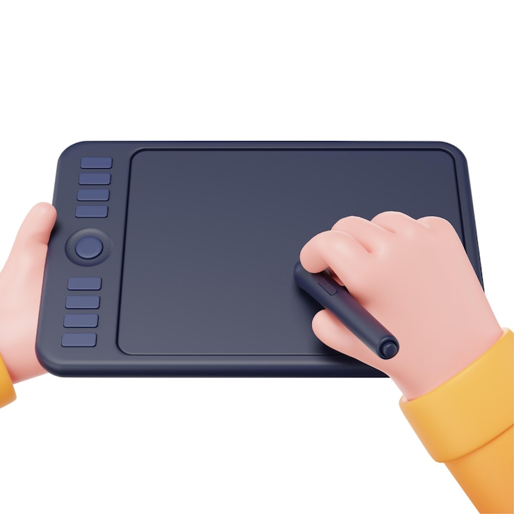 PSD duas mãos segurando e desenhando no ícone 3d do tablet para maquete do dispositivo