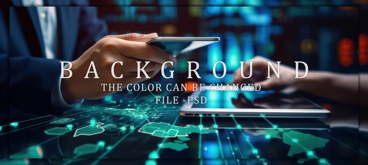 PSD duas mãos usando dispositivos digitais com um mapa do mundo em fundo