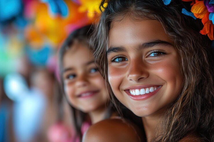 PSD duas meninas felizes com cabelos castanhos longos e dentes brancos sorrindo para a câmera uma menina tem uma faixa floral na cabeça