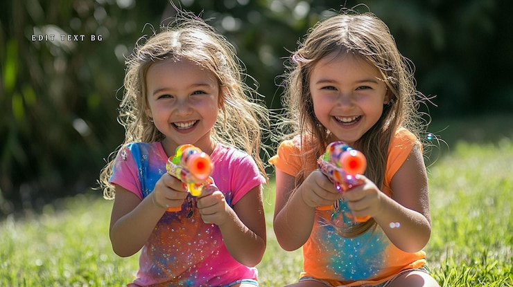 PSD duas meninas sorrindo brincando com armas de água ao ar livre