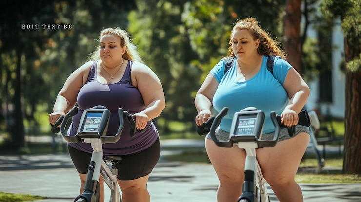 PSD duas mulheres com excesso de peso se exercitando ao ar livre em bicicletas estacionárias concentradas e determinadas