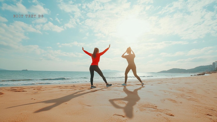 PSD duas mulheres comemorando o sucesso de fitness em uma praia ensolarada