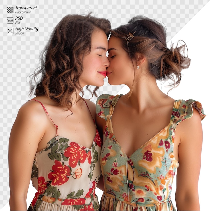 PSD duas mulheres compartilhando um beijo vestidos florais de fundo transparente