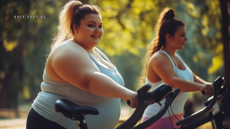 PSD duas mulheres plus size sorrindo desfrutando de um passeio de bicicleta em um parque