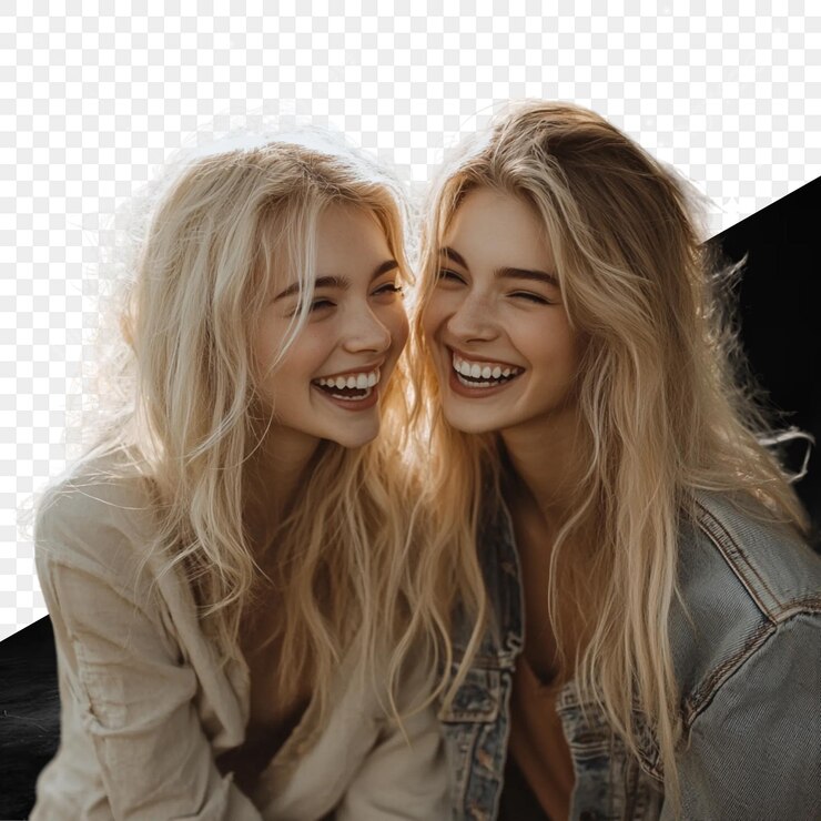 PSD duas mulheres sorrindo e uma tem uma camisa branca que diz a palavra citação sobre ele
