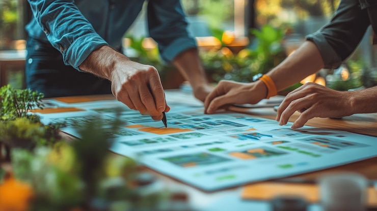 PSD duas pessoas trabalhando juntas em um projeto apontando para um grande pedaço de papel com gráficos e diagramas brainstorming ideias