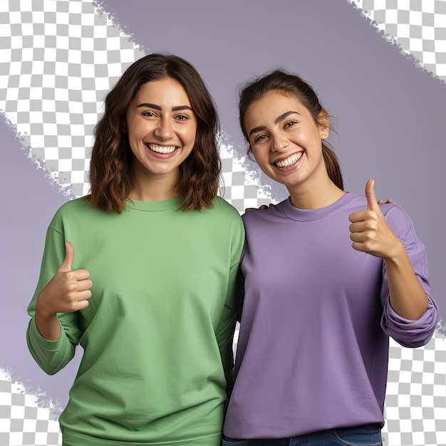 PSD duas raparigas a posar com uma a usar uma camisa roxa que diz polegar para cima.