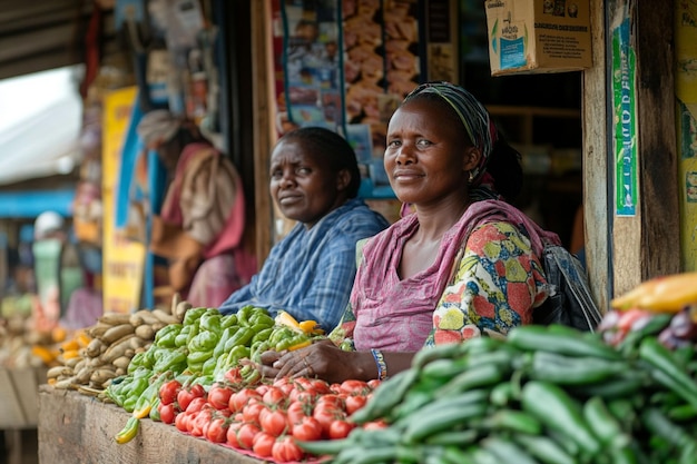 Duas vendedoras africanas sorrindo em uma barraca de mercado exibindo produtos frescos