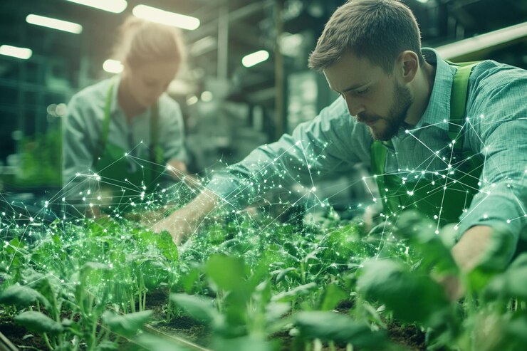PSD due agricoltori che usano la tecnologia per coltivare piante in una serra