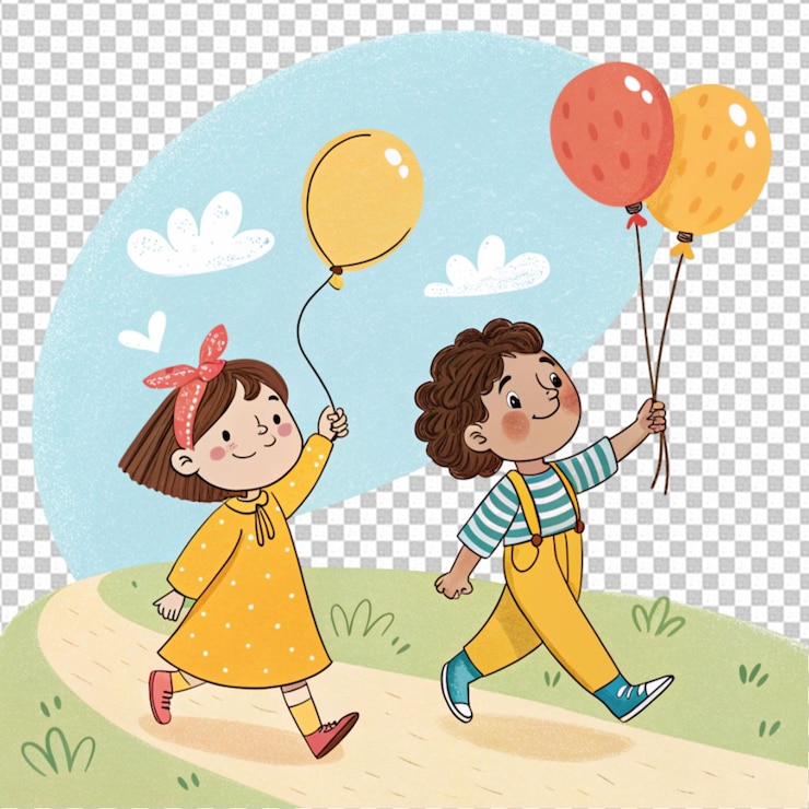 PSD due bambini con i palloncini che camminano in cartone animato