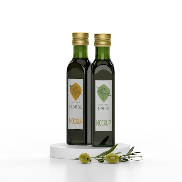 due bottiglie di olio in piedi su un modello di etichetta di sfondo pulito