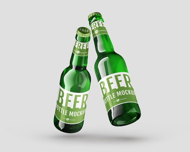 Due bottiglie verdi di birra con le parole mockup in cima