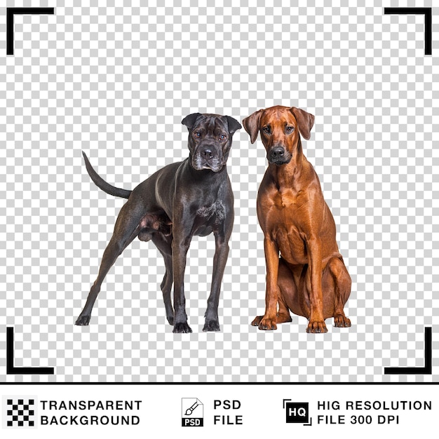 Due cani di razze diverse, uno nero e uno marrone, posano per una foto