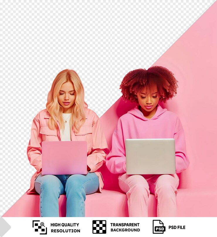 PSD due colleghi seri e concentrati che scrivono sui loro laptop davanti a un muro rosa con uno che indossa una giacca rosa e jeans blu e l'altro con lunghi capelli biondi e una testa rossa png psd